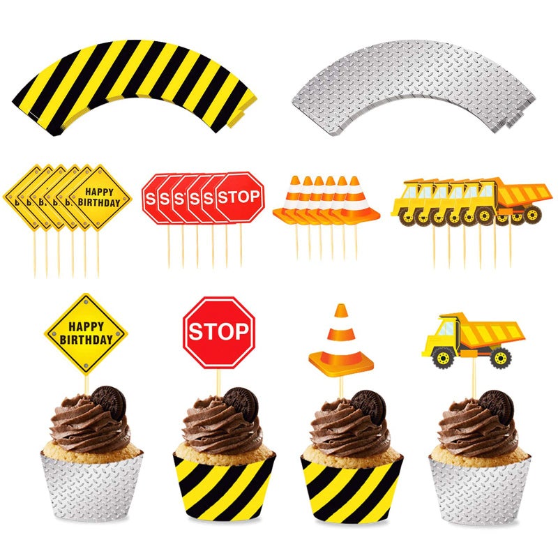 PHOGARY 24pack Construction Cupcake Toppers and Wrappers, 24-Piece Construction Zone Cupcake Baking Supplies, Kids Birthday Party Favors for Cake and Muffin Decorations - Image 2